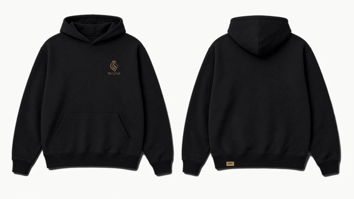 The Union Hoodie in Black & Gold, front and back