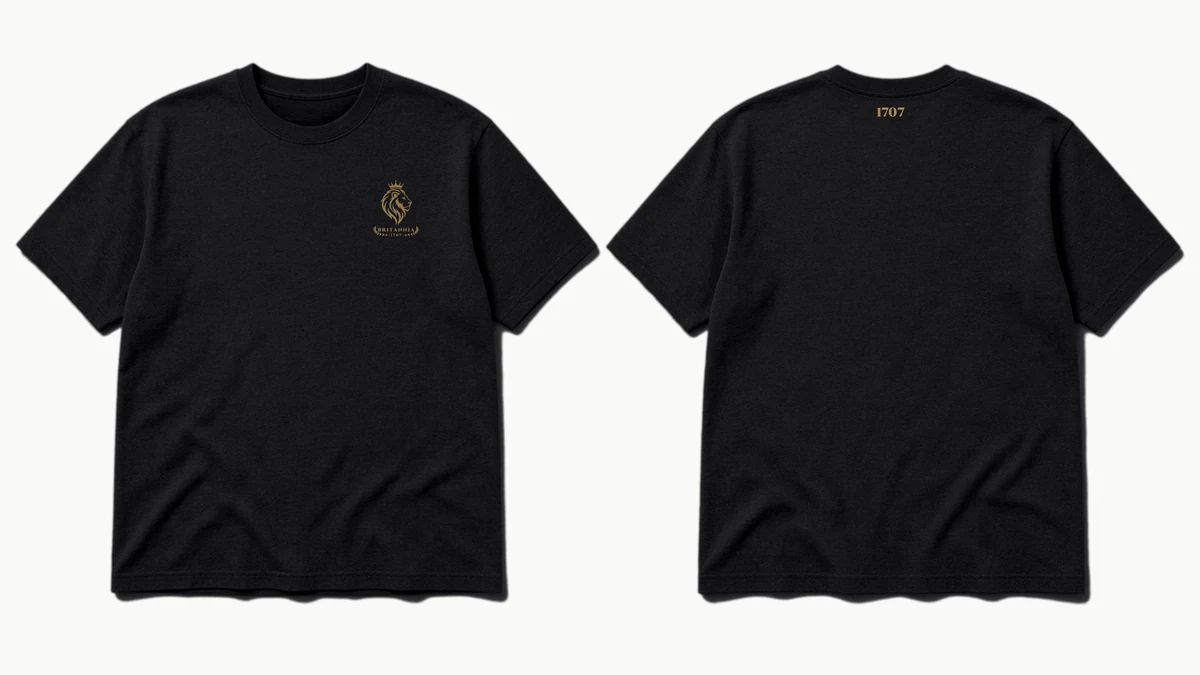 The 1707 Tee in Black & Gold, front and back
