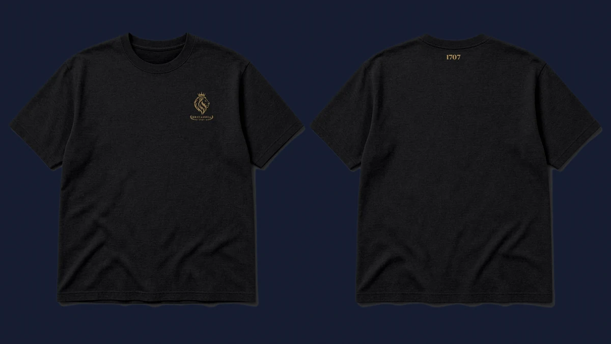 The 1707 Tee in Black & Gold, front and back